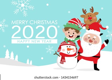 Merry Christmas greeting card with Santa Claus, deer, snowman and little elf. Happy new year 2020. Cute holiday cartoon character vector.