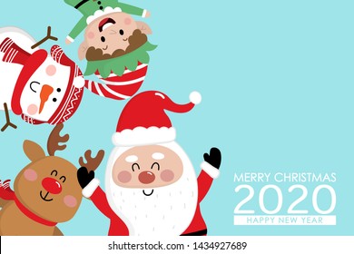 Merry Christmas greeting card with Santa Claus, deer, snowman and little elf. Cute holiday cartoon character vector. Happy new year 2020.