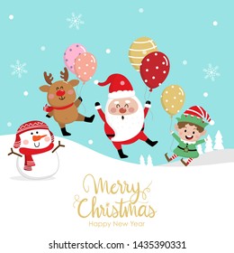 Merry Christmas greeting card with Santa Claus, deer, snowman and little elf hold balloons. Cute holiday cartoon character vector. Happy new year.