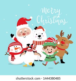 Merry Christmas greeting card with Santa Claus, deer, snowman, penguin, polar bear and little elf. Cute holiday cartoon character vector. Happy new year.