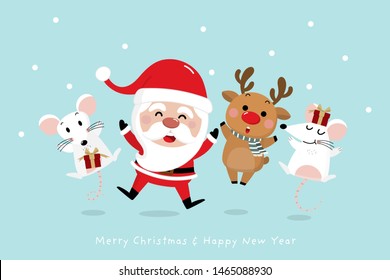 Merry Christmas greeting card with Santa Claus, deer, and mouse in red gift box. 2020 year of the rat. Cute animal holiday cartoon character vector.