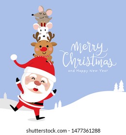 Merry Christmas greeting card with Santa Claus, deer, and mouse in red gift box. 2020 year of the rat. Cute animal holiday cartoon character vector.