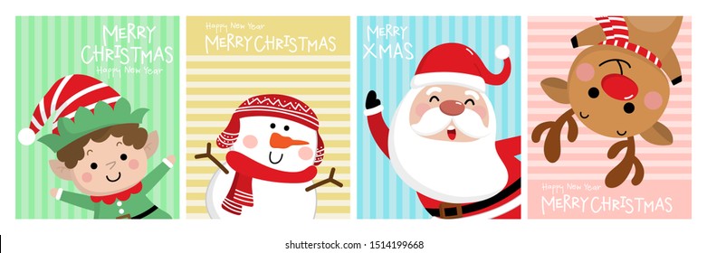 Merry Christmas greeting card with Santa Claus, deer, snowman and little elf. Cute holiday cartoon character vector.