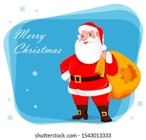 Merry Christmas greeting card with Santa Claus holding big sack full of presents. Cheerful cartoon character. Vector illustration on blue background with snowflakes