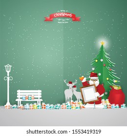 Merry Christmas  Greeting Card with Santa and Deer,Christmas Tree on winter background, vector illustration.