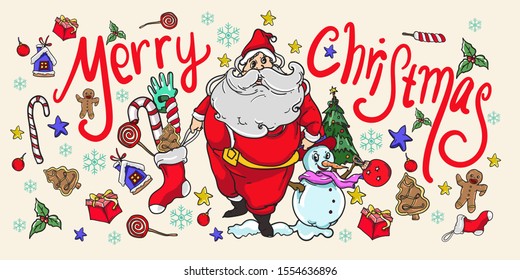Merry Christmas greeting card with Santa Claus illustration and Christmas ornament decoration
