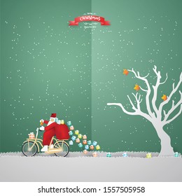 Merry Christmas  Greeting Card with with Santa Claus  riding bike on white grass and snow in winter season,Paper art Vector and Illustration