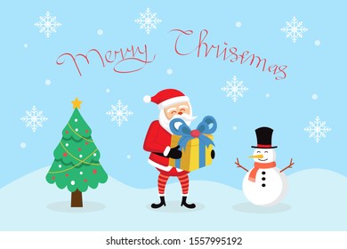 Merry Christmas greeting card with Santa Claus, snowman, and tree. Cute holiday cartoon character vector. Happy new year.