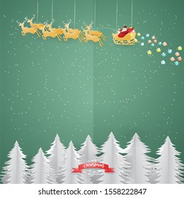 Merry Christmas Greeting Card with Santa Claus rides deer on the sky in winter season. ,paper craft style vector and illustration