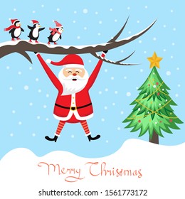 Merry Christmas greeting card with Santa Claus, 3 penguins, and tree. Cute holiday cartoon character vector. Happy new year.