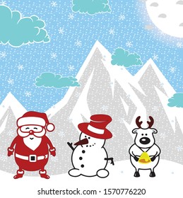 Merry Christmas greeting card with Santa Claus, deer, snowman. Holiday cartoon vector.