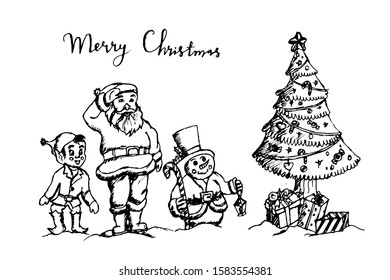 Merry Christmas greeting card with Santa Claus, snowman, little elf tree. Cute holiday cartoon character. Modern hand drawn design vector illustration.