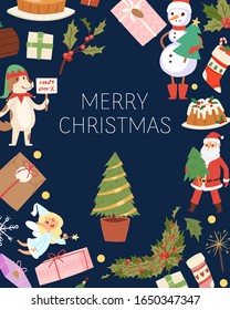 Merry Christmas greeting card with santa claus with presents, snowman. elf and cake, fir tree winter holidays cartoon vector illustration card.. Merry christmas, santa claus and xmas characters card.
