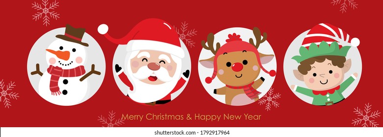 Merry Christmas greeting card with Santa Claus, deer, snowman and little elf. Cute holiday cartoon character vector.