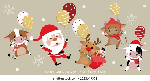 Merry Christmas greeting card with Santa Claus, deer and cow in winter costume. 2021 year of the ox. Cute bull animal holiday cartoon character vector.