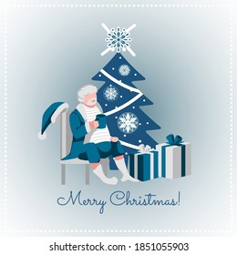 Merry Christmas greeting card. Santa Claus sitting in chair drinking tea. Christmas character relaxing with mug of hot drink near decorated fir tree and gift boxes cartoon vector illustration