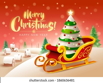 Merry Christmas Greeting Card. Santa Claus sleigh with Christmas tree and small village on horizontal winter landscape background. 