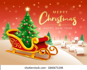 Merry Christmas Greeting Card. Santa Claus sleigh with Christmas tree and small village on horizontal winter landscape background. 