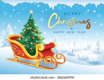 Merry Christmas Greeting Card. Santa Claus sleigh with Christmas tree and small village on winter landscape background. 