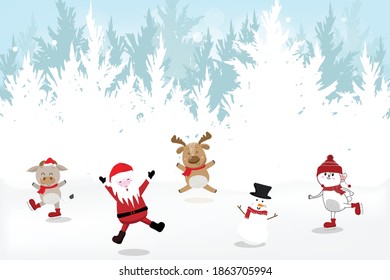 Merry Christmas greeting card with Santa Claus,snowman,reindeer and cute cow with white rabbit in winter costume. 2021 year of the ox.