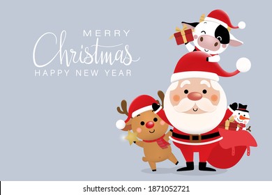 Merry Christmas greeting card with Santa Claus, deer, snowman and cow. 2021 year of the ox. Cute bull animal holiday cartoon character vector.