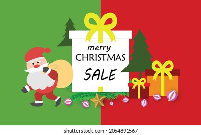 Merry Christmas Greeting Card, Santa Claus with a huge bag on the run to delivery gifts, text Calligraphic Lettering, vector illustration