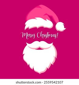 Merry Christmas greeting card with Santa Claus face. Vector flat illustration of beard and hat on pink background. Funny holiday design of cool Santa in funky hipster style.