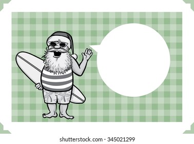 Merry Christmas greeting card with Santa standing with surfboard