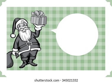 Merry Christmas greeting card with Santa holding a gift