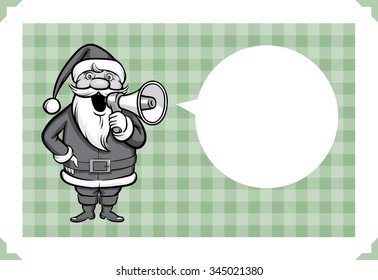 Merry Christmas greeting card with Santa talking in megaphone