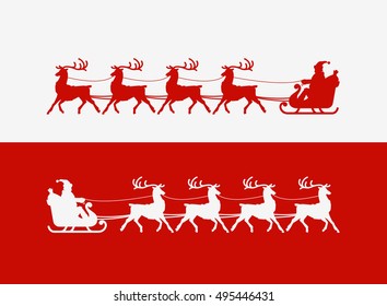 Merry Christmas greeting card. Santa Claus rides in a sleigh pulled by reindeer. Vector illustration