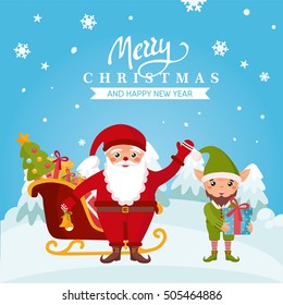 Merry Christmas greeting card with Santa and elf. Happy New Year holidays! Cartoon winter landscape. Illustration for kids, Xmas holidays.
