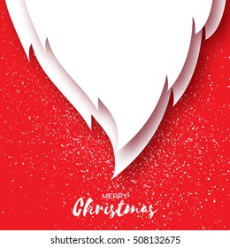 Merry Christmas Greeting card with Santa Claus beard on red background. Paper cut art style. Vector illustration