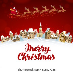 Merry Christmas, greeting card. Santa Claus in sleigh pulled by reindeer flying over town. Vector illustration