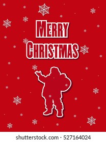 Merry Christmas greeting card with Santa Claus, snowflakes and lettering on a snowy red background. Vector illustration. Happy holidays.
