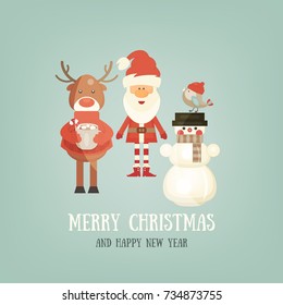 Merry Christmas Greeting Card - Santa Claus and Xmas Characters - Deer, Snowman, Bird. Square Format. Vector Illustration.