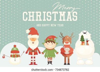 Merry Christmas Greeting Card - Santa Claus and Xmas Characters. Vector Illustration.