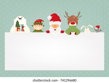 Merry Christmas Greeting Card - Santa Claus and Xmas Characters on Blue Background. Vector Illustration. Place for your Text.