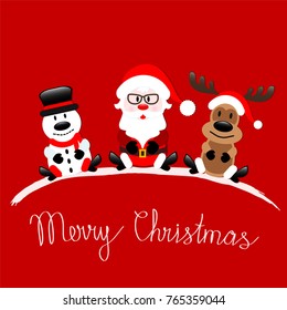 Merry Christmas greeting card with Santa Claus, Reindeer and Snowman sitting on red background, stock vector illustration
