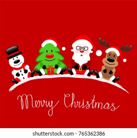 Merry Christmas greeting card with Santa Claus, Reindeer, Snowman and Christmas Tree sitting on red background, stock vector illustration