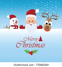 Merry Christmas Greeting Card with Christmas Santa Claus ,Snowman and reindeer Vector illustration.