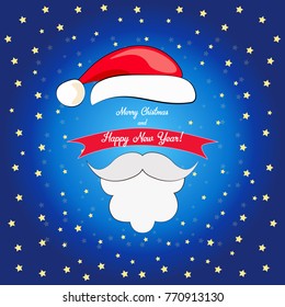 Merry Christmas greeting card with Santa Claus. Santa Claus hat and beard.