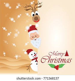 Merry Christmas Greeting Card with Christmas Santa Claus ,Snowman and reindeer Vector illustration.