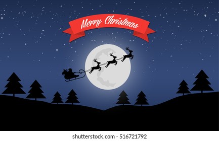 Merry Christmas greeting card, Santa's sleigh with reindeers on background of night sky with stars and moon