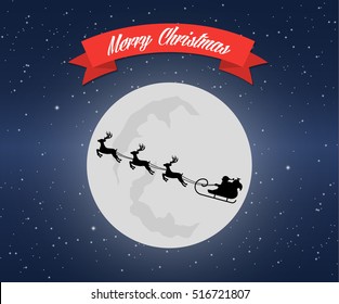 Merry Christmas greeting card, Santa's sleigh with reindeers on background of night sky with stars and moon