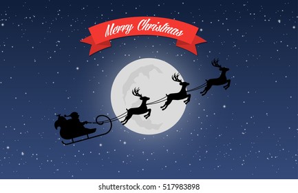 Merry Christmas greeting card, Santa's sleigh with reindeer on background of night sky with stars and moon