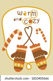 Merry Christmas greeting card in scandinavian style with Christmas mittens, candy cane. Retro colored vector. Kids illustration for DIY, wrapping paper. Lettering Warm and cozy.