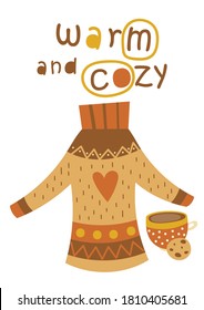 Merry Christmas greeting card in scandinavian style with ugly Christmas sweater, coffee cup and cookie. Retro colored vector. Kids illustration for DIY, wrapping paper. Lettering Warm and cozy.