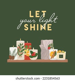 Merry Christmas greeting card with scented candles on shelf. Let your light shine Christmas posters, invitation. Zero waste eco gifts. Hand drawn vector
