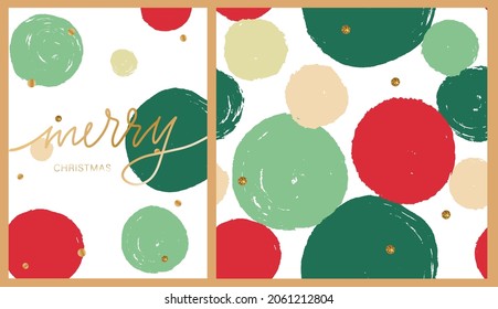 Merry Christmas greeting card and seamless pattern decorated with abstract circles, lettering quote and confetti. Good for invitations, posters, prints, etc. EPS 10